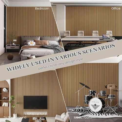 Miniatura 4 de Paquete de 4 paneles acústicos de pared de 105.9" x 12.6" x 0.8" que absorben sonido, paneles de pared de listones de madera para decoración de Teca