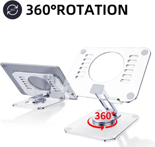 Miniatura 2 de Soporte acrílico giratorio de 360° para tableta, soporte de escritorio ajustable plegable transparente compatible con iPad Pro, Air, Mini, Kindle