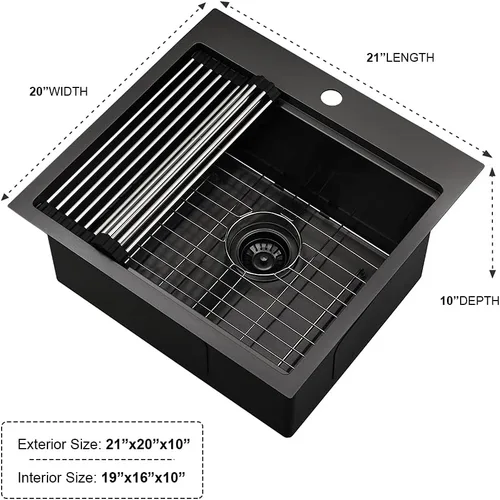 Miniatura 5 de Fregadero de bar negro de 21 pulgadas, fregadero de cocina pequeño de montaje superior, fregaderos de bar húmedos de 16 calibre, acero inoxidable