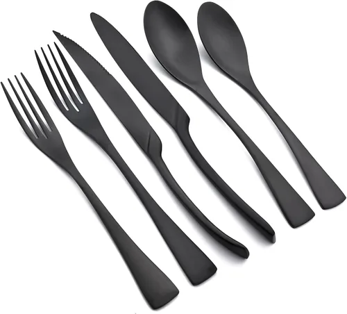 Juego de cubiertos de color negro mate con cuchillo para carne, 24 piezas de cubiertos pesados de acero inoxidable 18/10, juego de utensilios