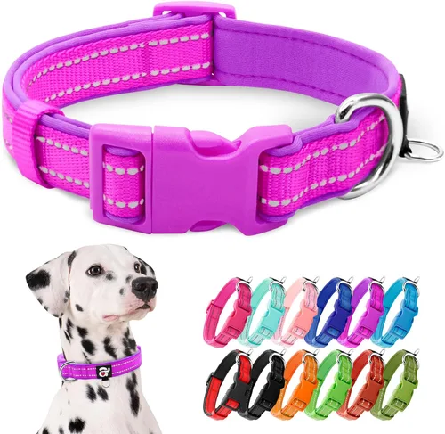 Miniatura 35 de azuza Collar reflectante para perro, de neopreno suave acolchado con anillo para etiqueta de identificación, ajustable para perros pequeños, azul