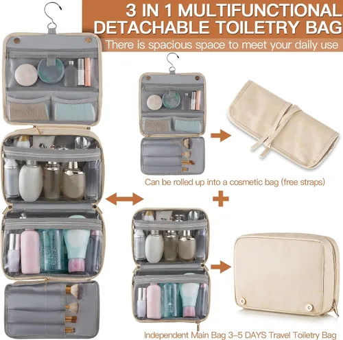 Miniatura 4 de Elviros Neceser colgante para hombres y mujeres, 3 en 1, organizador de viaje grande impermeable de piel sintética, bolsa de maquillaje dopp kit