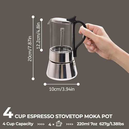 Miniatura 2 de Olla de vidrio transparente para 4 tazas, 7.4 fl oz, cafetera de acero inoxidable, sin recubrimiento, cafetera de café expreso, estilo italiano