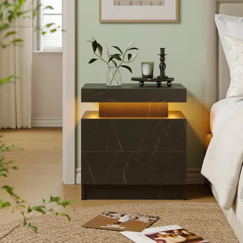 Miniatura 4 de Juego de 2 mesitas de noche con 2 cajones de madera, moderna mesita de noche LED para dormitorio LED Night Stand set 2,Night Stands set of 2 for