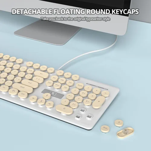 Miniatura 3 de Teclado de máquina de escribir retro con cable, teclado silencioso de computadora iluminado con 104 teclas redondas de tamaño completo, Azul