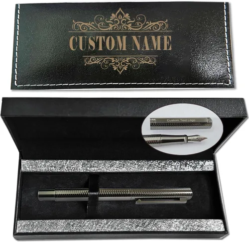 Pluma estilográfica plateada personalizada con grabado gratis, bolígrafos personalizados personalizados con nombre y caja de regalo, tinta negra