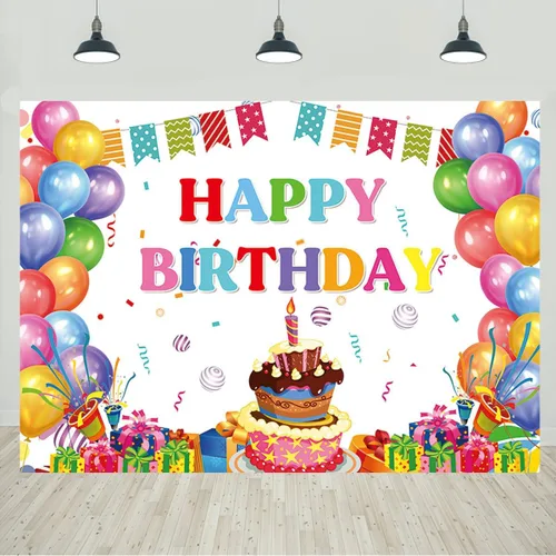 Miniatura 10 de Cartel de feliz cumpleaños, telón de fondo de globos coloridos para fiestas de niños, pasteles de colores grandes, fotografía, telón de fondo
