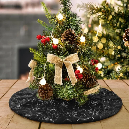 Miniatura 33 de Faldones de Felpa para Árbol de Navidad, 24 pulgadas, Lujosa Cubierta de Base de Árbol de Navidad de Piel Sintética Negra con Copos de Nieve Dorados