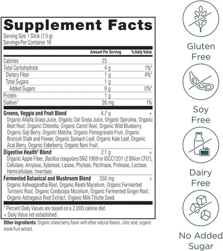 Miniatura 2 de Ancient Nutrition SuperGreens - Polvo con probióticos, verduras orgánicas con sabor a bayas, hecho de frutas reales, verduras y hierbas, soporte