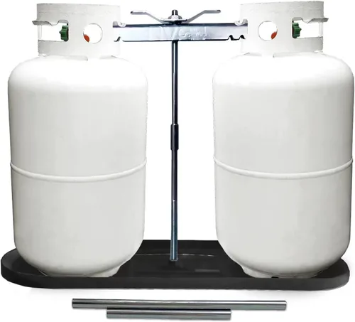 estante de montaje de tanque de propano doble para RV 40lb, 30lb y 20lb para autocaravanas y remolques de viaje con diferentes tubos de conexión,