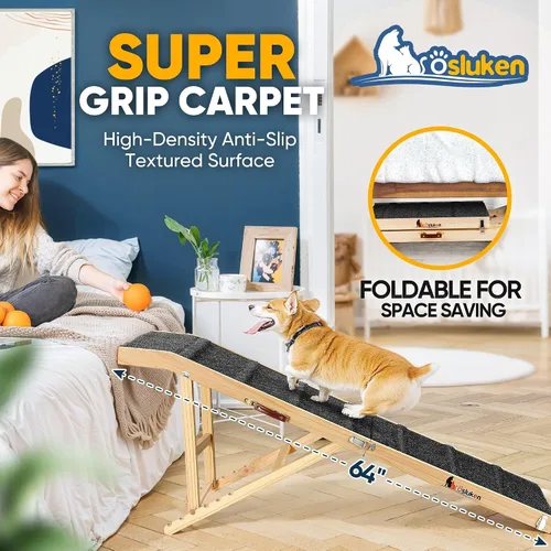 Miniatura 4 de Rampa para perros para cama, rampa plegable L64 W17 para perros pequeños y grandes, rampas para perros para camas altas de automóvil, alta tracción