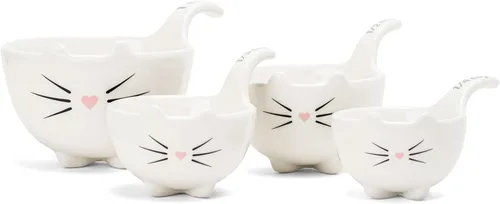 Juego de tazas y cucharas medidoras de gato blanco - Herramientas de cocina de cerámica para amantes de los gatos y panaderos - 4 tazas medidoras y