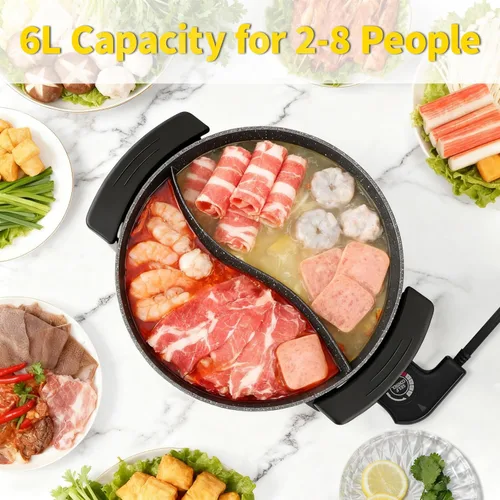 Miniatura 2 de Food Party Olla Caliente Eléctrica con Divisor Hotpot Olla Eléctrica Hopot Cocinador Shabu Shabu Olla 110V 1200W Antiadherente 6-Quart Libre de BPA