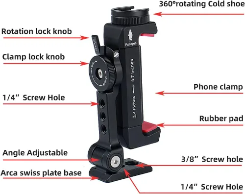 Miniatura 3 de Soporte de trípode de metal para teléfono con zapata fría giratoria para soporte de micrófono, compatible con iPhone y Android, adaptador de trípode