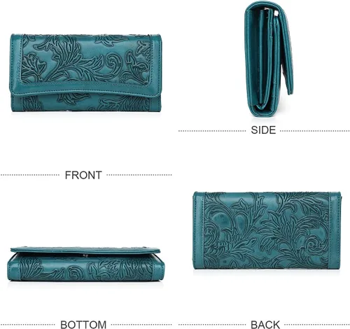 Miniatura 54 de MEITRUE Cartera de cuero para mujer, con bloqueo RFID, triple pliegue, con relieve, soporte para tarjetas, organizador de chequera para teléfono