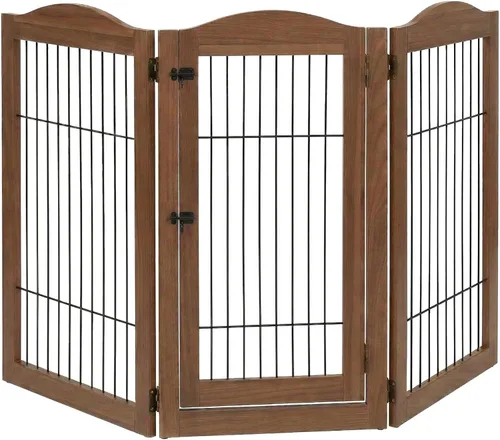 Miniatura 17 de unipaws Puerta para mascotas independiente de 24" de altura para perro y gato, puertas de madera para perros para entrada, escaleras, valla plegable