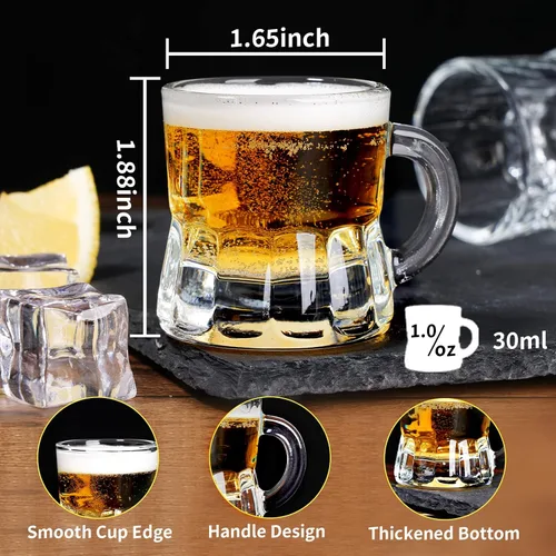 Miniatura 2 de ZZYFGH Paquete de 10 Mini Vasos de Chupito de Cerveza, Mini Vaso de Cerveza de Vidrio con Asa de 1.0 Onza, Vasos de Chupito para Tequila, Vodka