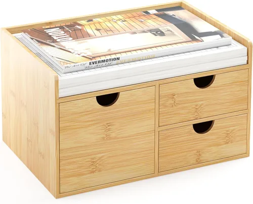 Wisuce Organizador de escritorio con cajones, organizador de escritorio de bambú, organizador de cajones de escritorio de madera natural para