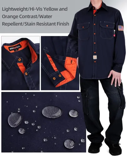 Miniatura 3 de BOCOMAL Camisas FR para hombre, resistentes al fuego, peso ligero, NFPA2112, camisa de soldadura ignífuga, acabado repelente al agua y al aceite