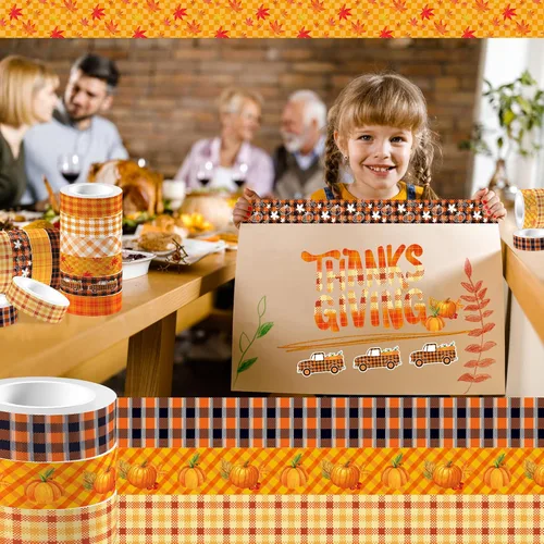 Miniatura 5 de Juego de cinta Washi de arce de calabaza de 16.4 pies, 12 rollos de hojas de otoño con tema de Acción de Gracias, decoración para álbumes