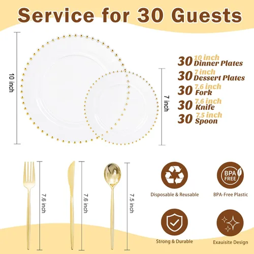 Miniatura 2 de LIYH - 150 platos de plástico transparente y dorado, elegante juego de vajilla desechable de plástico dorado que incluye platos de cena y postre