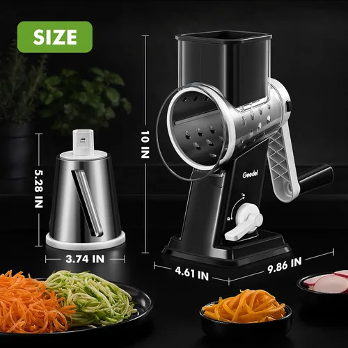 Miniatura 9 de Geedel Rallador rotativo de queso, triturador de verduras mejorado con 4 cuchillas intercambiables, triturador de queso fácil de limpiar con asa