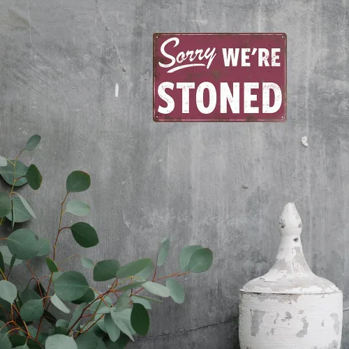 Miniatura 7 de Divertida decoración de garaje con texto en inglés «Man Cave Bar, signo de humor», letrero de estaño «Sorry We Are Stoned», accesorios de garaje