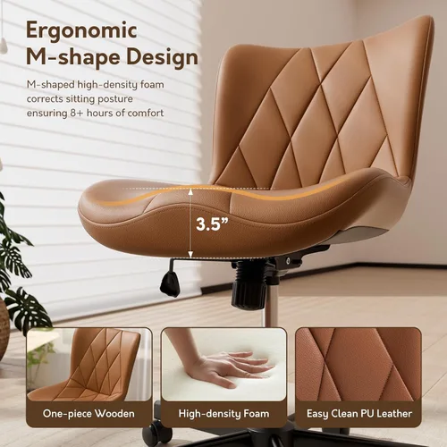 Miniatura 6 de Silla de escritorio sin brazos de cuero marrón, cojín ergonómico suave, altura ajustable, balanceo, oficina en casa
