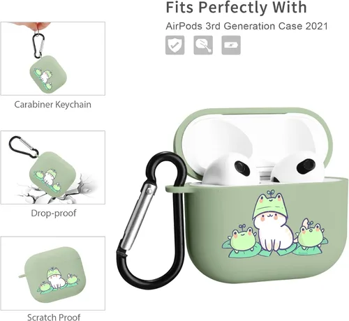 Miniatura 3 de Funda compatible con Airpods de 3ª generación, linda funda para Airpods 3, diseño de rana, protectora para mujeres y niñas con llavero para Apple