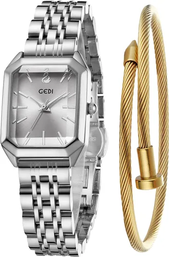 Miniatura 6 de FANMIS Juego de reloj de pulsera y brazalete para mujer en tono dorado, reloj de vestir casual simple con esfera cuadrada, correa sólida de acero