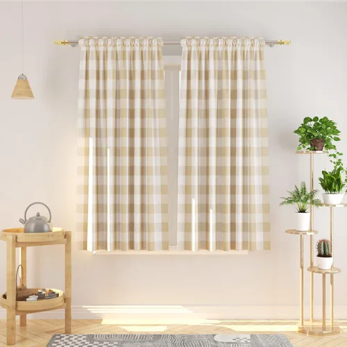 Cortinas de cuadros de búfalo de 45 pulgadas de largo, color beige y blanco, a cuadros, para cocina, sala de estar, dormitorio, bolsillo para barra,