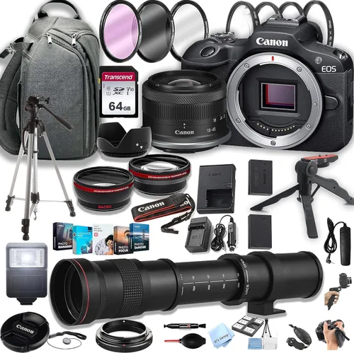 Canon Cámara sin espejo EOS R100 con lente de 0.709-1.772 in + lente súper teleobjetivo de 16.535-31.496 in + mochila 100S + tarjetas de memoria de