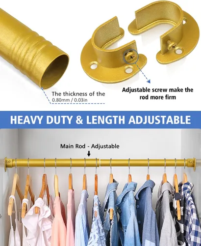 Miniatura 3 de Barras de armario para colgar ropa, resistentes, longitud ajustable (#1 dorado, 18.5 - 28 pulgadas)