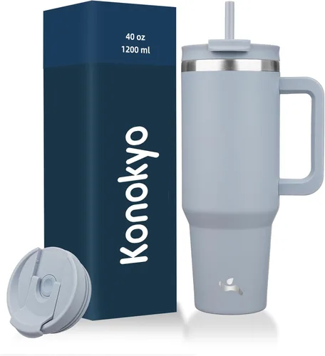 Miniatura 38 de Konokyo - Vaso de 40 onzas con asa y 2 pajillas, botella de agua aislada 2 en 1 con tapa. Taza de viaje de acero inoxidable para café, flores