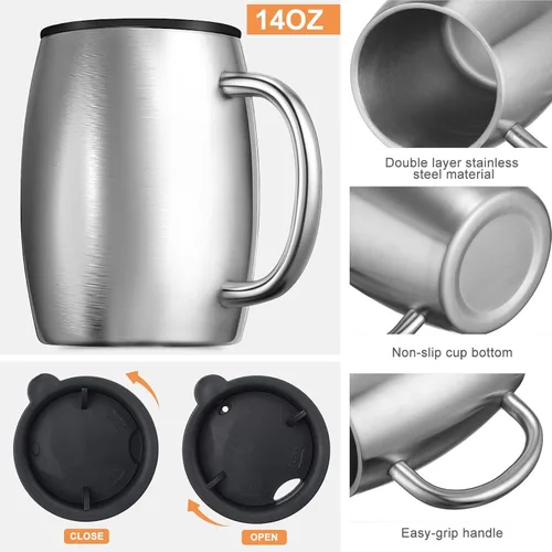 Miniatura 3 de Taza de café aislada de acero inoxidable de 14 onzas a prueba de derrames con tapa, taza de café de viaje de doble pared con asa, tazas de café