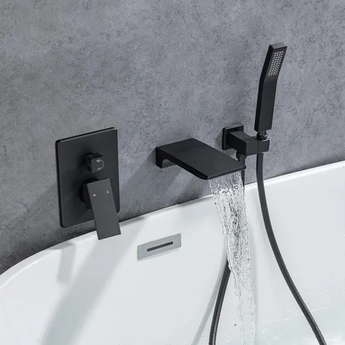 Miniatura 2 de Grifo de llenado de bañera romana con boquilla de cascada montado en la pared, grifo de ducha de bañera de una sola manija con ducha de mano