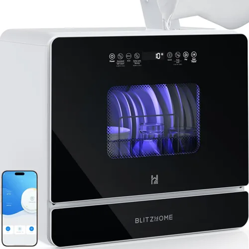 BLITZHOME Lavavajillas portátil de mostrador WiFi, inteligente con 9 programas, alta temperatura de 75℃, pulverización 360° 3Spray, temporizador de