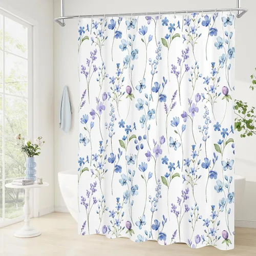 Miniatura 2 de Litabel Cortina de ducha con diseño floral de acuarela, cortina de ducha de flores de mariposa azul para baño, juego de cortina de ducha moderna
