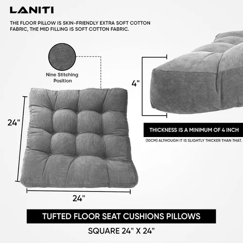 Miniatura 5 de LANITI Cojines de suelo extra grandes de 24 pulgadas para adultos, meditación cuadrada, máxima comodidad, almohadas de gran tamaño para cojín