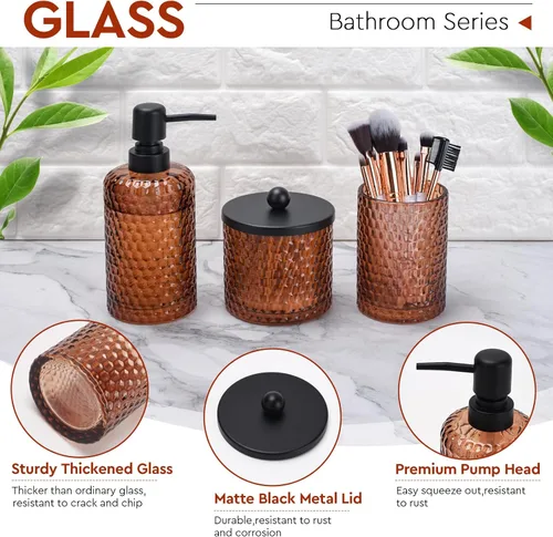 Miniatura 3 de Conjunto de accesorios de baño, 4 piezas de accesorios de baño de vidrio ámbar - Dispensador de jabón de loción, soporte para cepillo de dientes