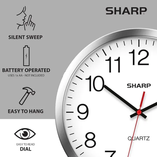 Miniatura 5 de Sharp Reloj de pared – Plata/cromo, silencioso, sin tictac, cuarzo de calidad de 10 pulgadas, funciona con pilas, redondo, fácil de leer, hogar