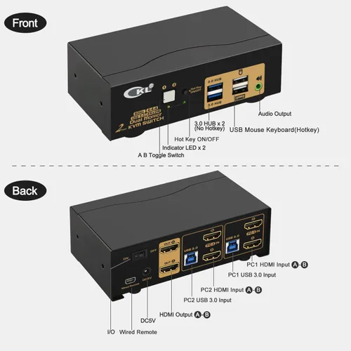 Miniatura 2 de CKL Conmutador KVM Dual Monitor HDMI 4K @60Hz (2 Monitores 2 Computadoras 922HUA-3) para el hogar y la oficina a consola, computadoras portátiles