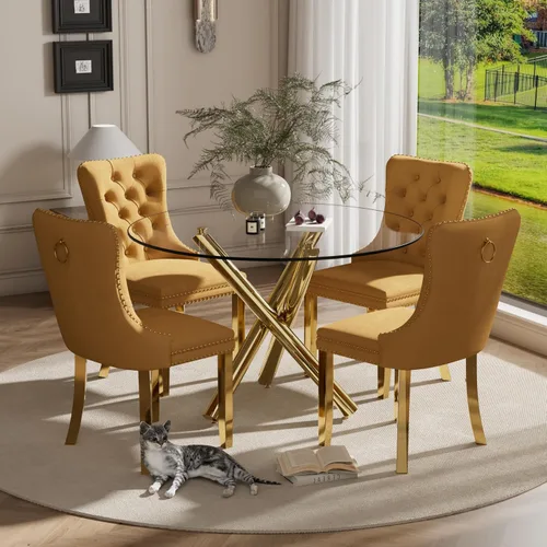 Miniatura 55 de Juego pequeño de mesa redonda con tapa de vidrio transparente para 2, 36'' Juego moderno de lujo para cenas circulares, 3 piezas Juego minimalista