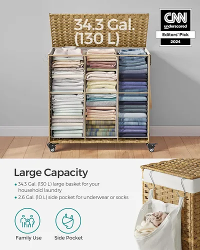 Miniatura 7 de SONGMICS Cesta de lavandería con tapa, 37 galones (140 L), canasta rodante para ropa con ruedas, 3 secciones de ratán sintético, forro extraíble
