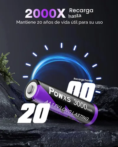 Miniatura 6 de POWXS Baterías AA Recargables con Cargador USB-C, Paquete de 8 Baterías AA de Litio de 3000mWh, Cargador Rápido de Puerto Dual para Cámaras Blink