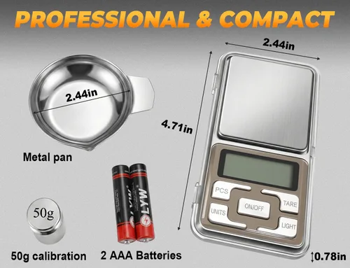 Miniatura 2 de Báscula digital de recarga RS-1500, escala de polvo de 1500 granos x 0.1gn con bandeja de metal, peso de calibración y baterías, recarga