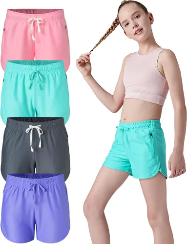Paquete de 4 pantalones cortos deportivos para niñas de 3 pulgadas, pantalones cortos de fútbol para niñas, ropa deportiva con bolsillos con
