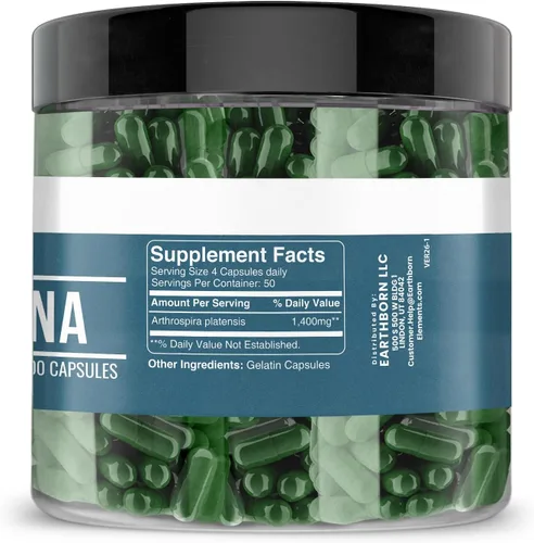 Miniatura 2 de Earthborn Elements Spirulina 200 cápsulas, pura y sin diluir, sin aditivos