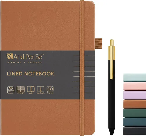 Miniatura 32 de &And Per Se Juego de diario y bolígrafo forrados, cuaderno A5 de tapa dura de cuero con bolígrafo y juego de papelería, 160 páginas de 3.53 oz/m²