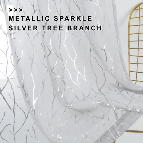 Miniatura 5 de FINECITY - Cortinas de plata traslúcidas de 45 pulgadas de largo - Cortinas impresas de ramas de árbol plateadas metálicas para ventana de cocina